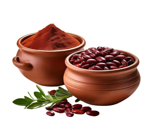two clay pots, one filled with spice and the other filled with uncooked red beans